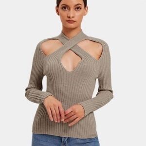 HALARA 🛍 NWT That’s Shady Taupe Sexy Cut Out Twist Ribbed Sweater